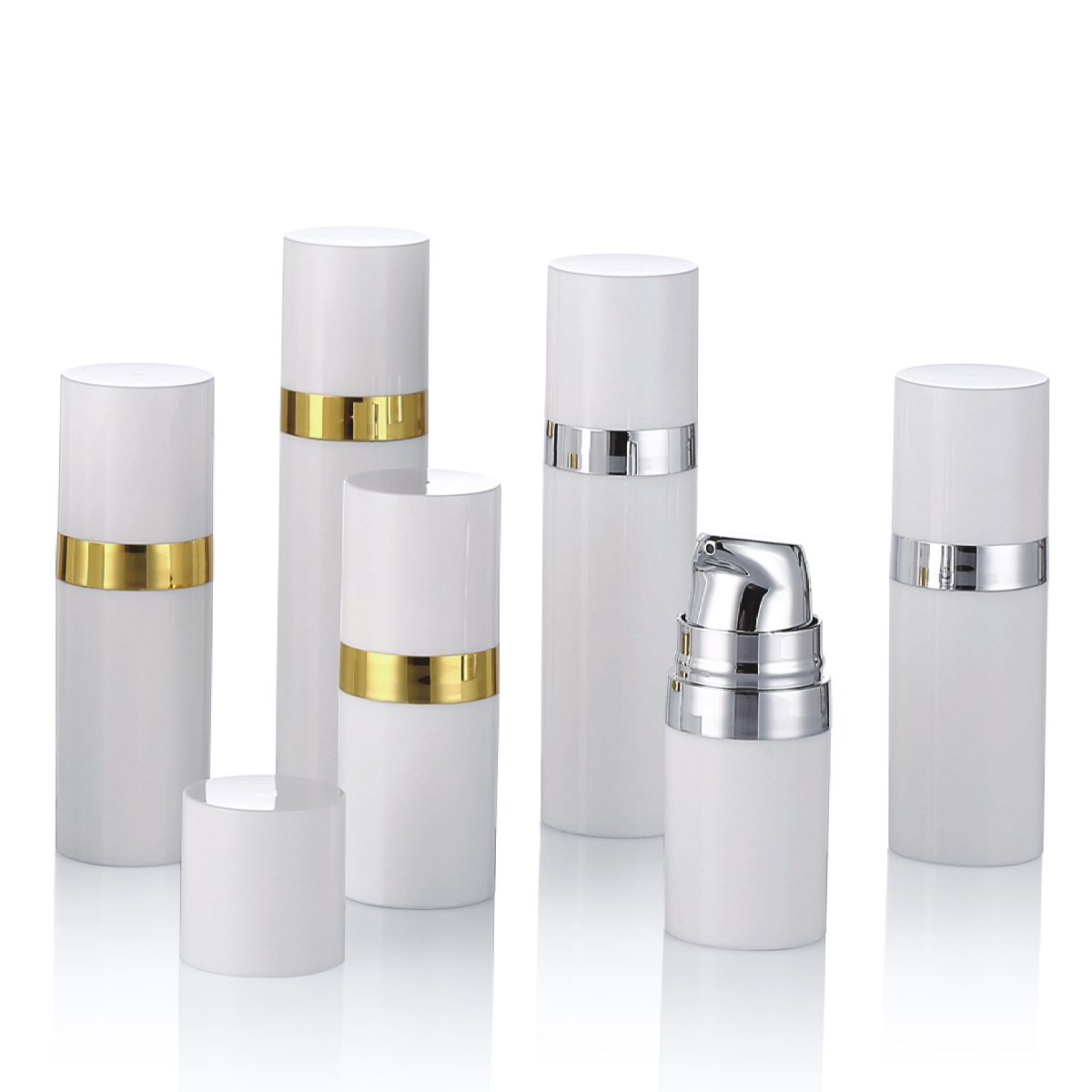15ml 30ml 50 ml sticlă de pompă albă fără aer cu capac de linie auriu pp sticlă cosmetică fără aer pentru loțiune cremă L15